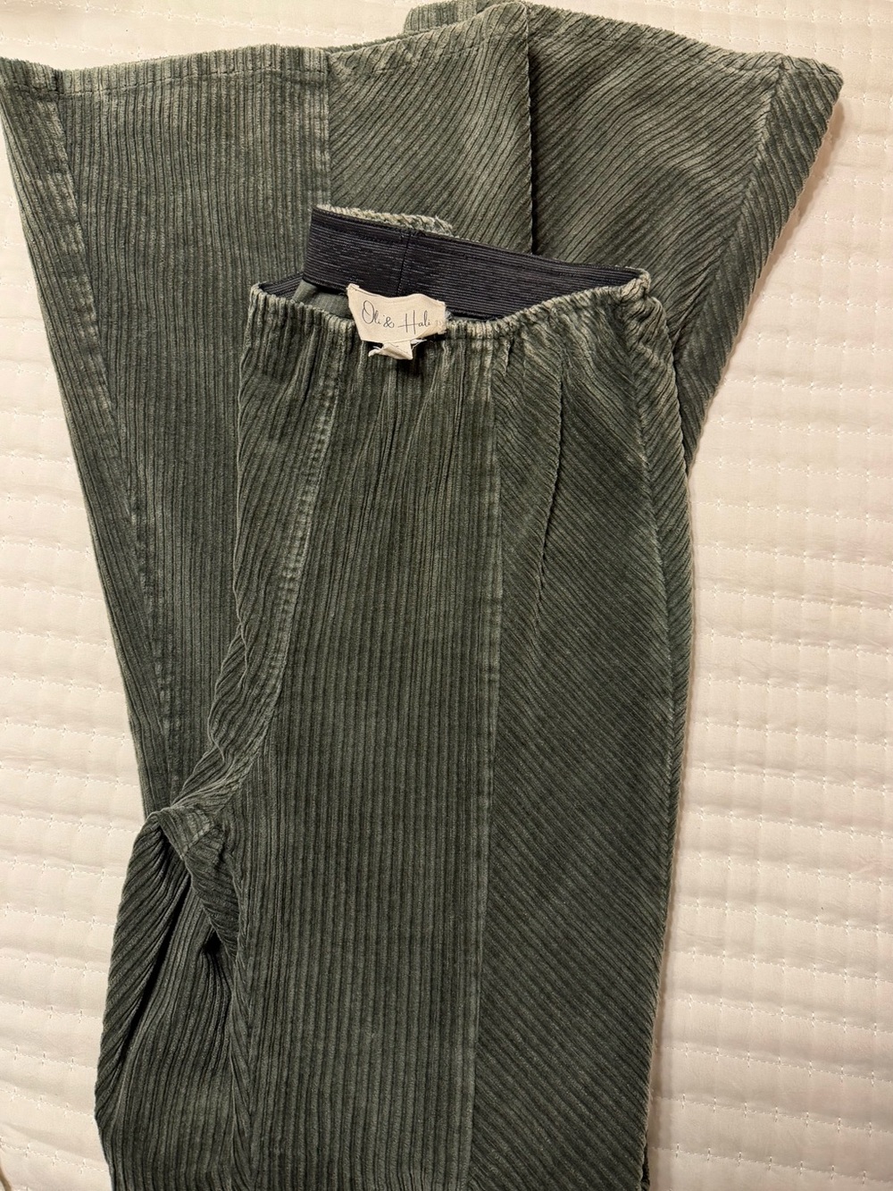 Oli & Hali Women's Corduroy High Rise Retro Flare Olive Green Bell Bottom Pants